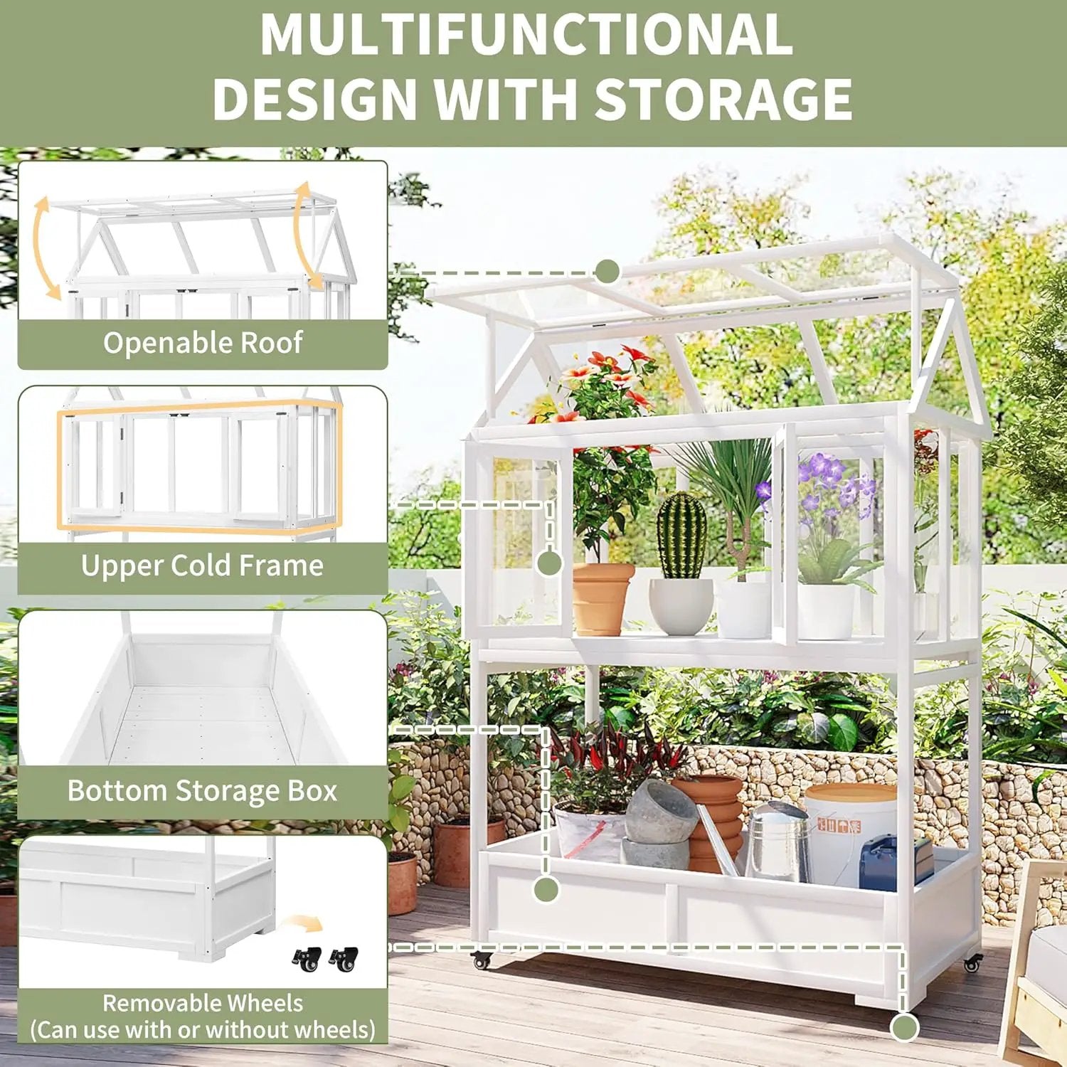 Greenhouse Cold Frames with Wheels - Adjustable Shelves Portable Cold Frame for Balcony/Patio, UV-Resistant Indoor Outdoor Plant Growing Cabinet (Large, Heavy-Duty) (White) by GreenHaven Gardens