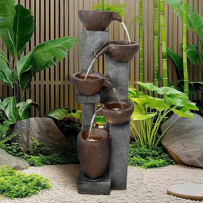 Naturefalls 39” H Modern Outdoor Fountain - 5 Crocks Outdoor Garden Fountains with Contemporary Design&LED Light for Garden, Patio, Deck, Porch, Backyard and Home Art Decor by GreenHaven Gardens