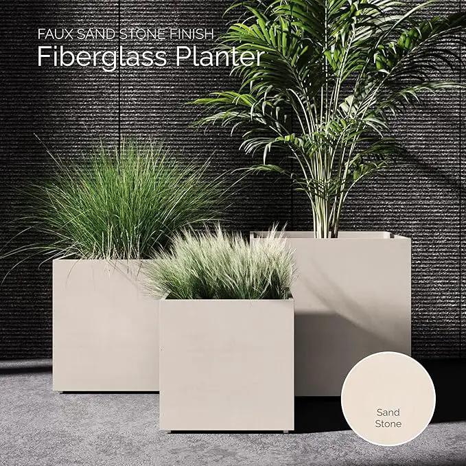 Reglito Cube Planter – Fiberglass Indoor/Outdoor and Weather-Resistant Large Planter (Sand Stone, 39.4" L x 39.4" W x 40" H) by GreenHaven Gardens