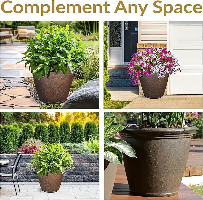 Sunnydaze 24-Inch Anjelica Large Plastic Pot for Plants - Outdoor Polyresin Round Planter with Drillable Drainage Holes - Rust - 4pk by GreenHaven Gardens