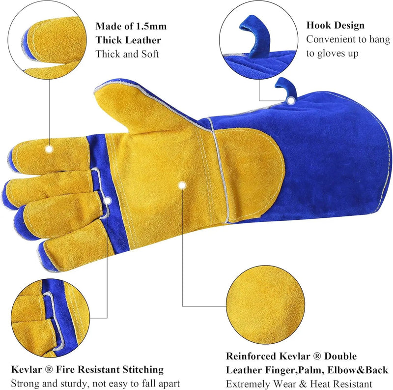 Welding Gloves Fire Heat Resistant: Blue 16IN 932℉ - Fireproof Leather For Stick Mig Flux-Core Welder Forge Blacksmith Fireplace Wood Stove Fire Pit Grill Oven Furnace Handling Dry Ice - Birthday Gift by GreenHaven Gardens