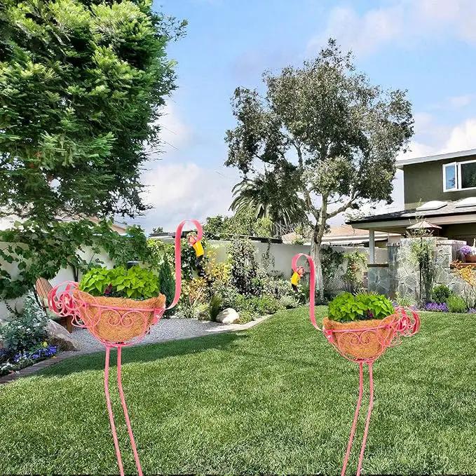 Set of 2 Pink Metal Flamingo Planters with Basket for Indoor Outdoor Garden Yard Decor by GreenHaven Gardens