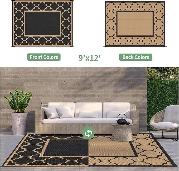 GENIMO Outdoor Rug 9' x 12' Patio Waterproof, Foldable Reversible Plastic Straw Area Rugs Mat for Camper Decor, Outside Carpet for Rv, Deck, Porch, Picnic, Beach, Balcony, Black & Brown by GreenHaven Gardens