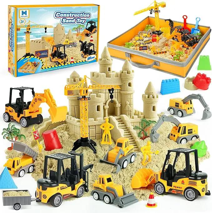 Sand Construction Site Kit - 37 Pcs Play Sand Art Kit with 8 Construction Trucks, Folding Sandbox, 2.2 lbs Magic Sand, Crane, Worker, Road Signs, Molds, Shovel - Ideal Toys for Boys Girls Age 3+ by GreenHaven Gardens