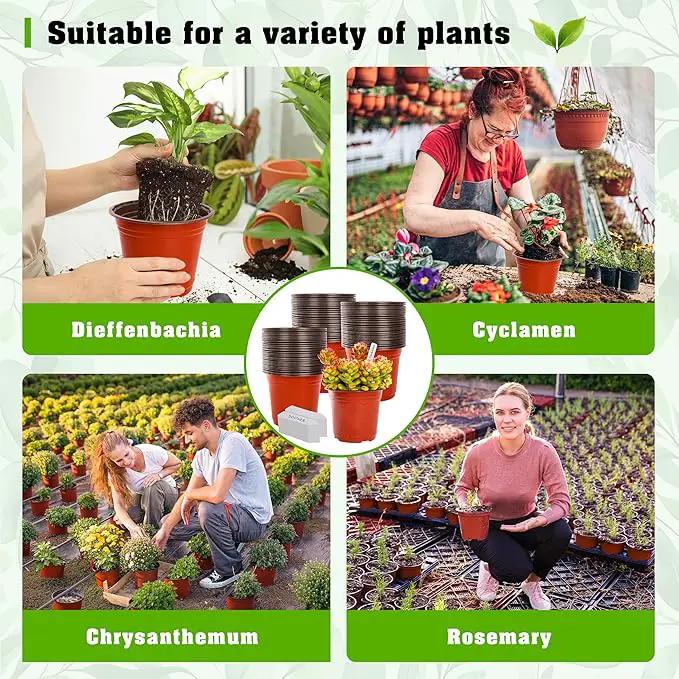 TDHDIKE 6 Inch Plastic Plant Nursery Pot/Pots (100pcs Pots and 100pcs Plant Labels) Seedlings Flower Plant Container (Red) Seed Starting Pots Indoor Outdoor by GreenHaven Gardens