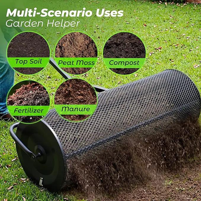 Walensee 44 Inch Compost Spreader Peat Moss Spreader with Side-Latch Design, Upgraded Large-Capacity Metal Mesh Roller for Lawn and Garden Care, Durable Manure Spreader for Seeding and Fertilizing by GreenHaven Gardens