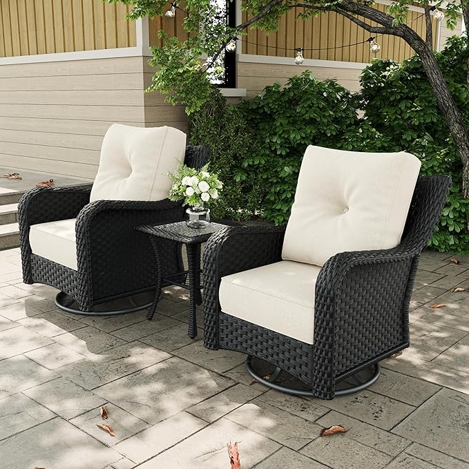 3 Pieces Outdoor Patio Furniture Sets with Rocking Swivel Chairs with 6-inch Thick Cushion and Side Table for Deck Lawn by GreenHaven Gardens