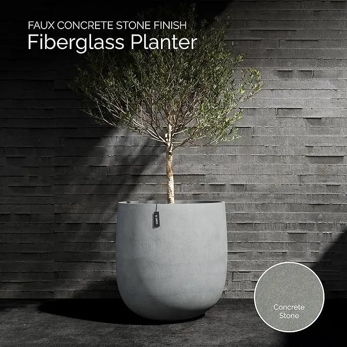 Mondo Large Planter – Concrete Stone Finish – Fiberglass Indoor/Outdoor and Weather-Resistant Round Planter (39.4" D x 40" H Exterior, 37.8" D x 39.4" H Interior) by GreenHaven Gardens