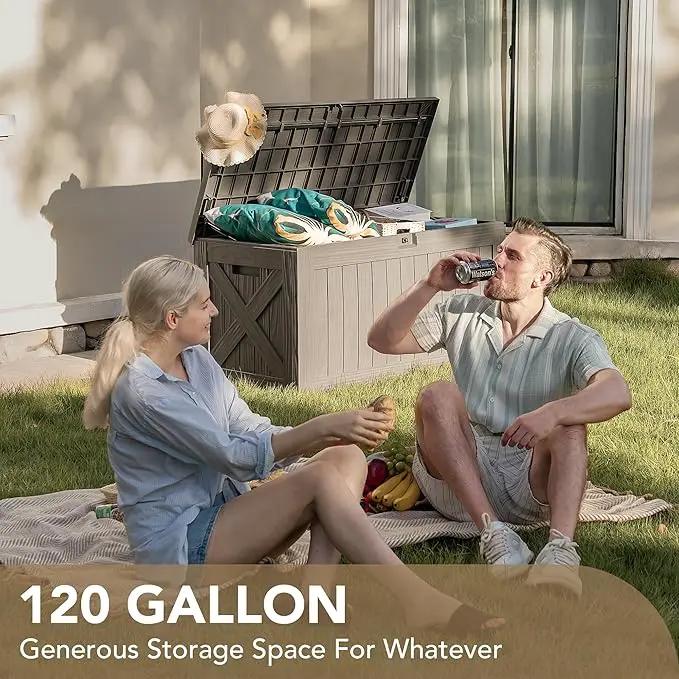 Devoko 120 Gallon Deck Box Resin Outdoor Storage Box Waterproof for Patio, Large Outdoor Storage Bench Lockable for Outside (Brown) by GreenHaven Gardens
