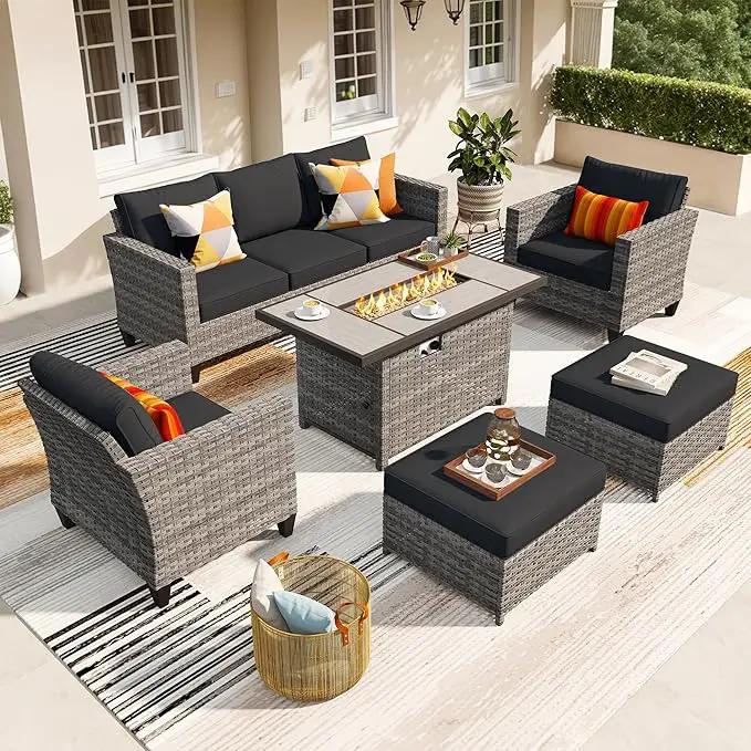 ovios 6 Pieces Patio Furniture Set with 42" Fire Pit Table, Outdoor Wicker Sofa with Comfy Cushions, All Weather High Back Rattan Couch Conversation Set, Black by GreenHaven Gardens