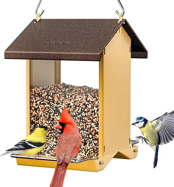 iBorn Bird Feeders for Outdoors,Bird House Feeder with Weatherproof Metal Roof & 8 Drain Holes,Fully Detachable Birdfeeder Design,Easy Clean & Refill,Chew-Proof PC Windows,1.5 Lbs Capacity,Coffee Roof by GreenHaven Gardens