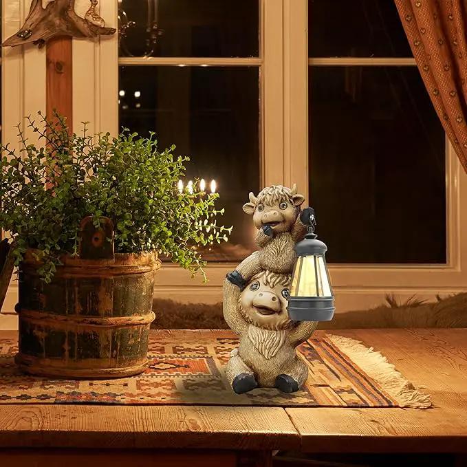Highland Cow Statues with Solar Lights, Highland Cow Resin Figurine Lights, Highland Cow Ornaments for Patio, Balcony, Indoor Decoration and as Gifts by GreenHaven Gardens
