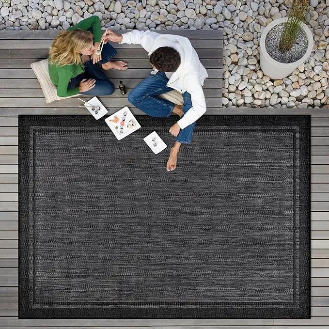 CAMILSON Indoor Outdoor Rug, 8x10 Bordered Dark Gray Black Modern Area Rugs for Indoor and Outdoor Patios, Kitchen and Hallway Mats, Washable Porch Deck Outside Carpet (Bordered Black, 8 x 10) by GreenHaven Gardens