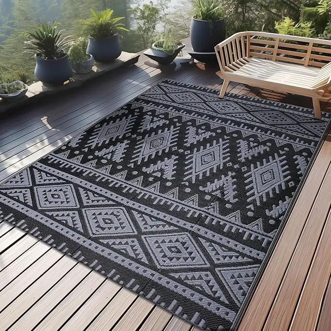 OLANLY Outdoor Rug Waterproof 4x6 ft, Reversible Outdoor Plastic Straw Rug, Boho Patio Rug, Indoor Outdoor Carpet, RV Mat Outside for Patio, Camp, Picnic, Balcony, Deck, Backyard, Black & Grey by GreenHaven Gardens