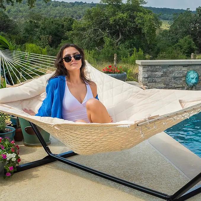 ANOW Heavy Duty Hammock with 12FT Steel Stand Included, Rope Hammock with Detachable Pillow and Pad, 450 LBS Weight Capacity, Cream by GreenHaven Gardens