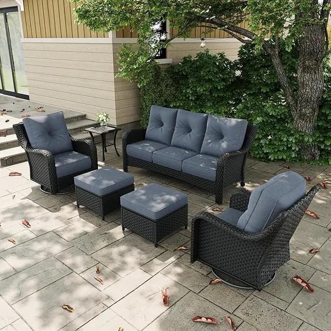 6 Pieces Outdoor Patio Furniture Sets with Rocking Swivel Chairs with 6-inch Thick Cushion and Side Table for Deck Lawn by GreenHaven Gardens