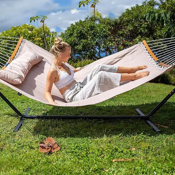 SUNCREAT 55 Inch Large Double Hammock with Stand, 450lbs Capacity, Outdoor Portable Hammock with Curved Spreader Bar, Extra Large Pillow, Tan by GreenHaven Gardens