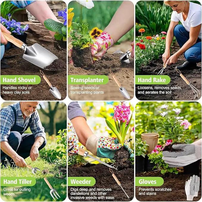 Garden Tools 5-Pieces, Heavy Duty Gardening Hand Tools with Wooden Handle, Canvas Gloves, Stainless Steel Material, Rust-Proof Garden Tool Set, Ideal Gardening Gifts for Women by GreenHaven Gardens