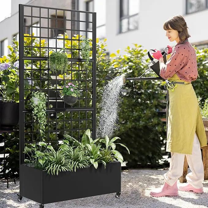 Casaphoria Metal Raised Garden Bed with Trellis and Wheels, 72"x35"x16" Planter Box for Climbing Plants, Vegetables & Vines, Features Drainage Holes and Privacy Screen (Black-Grid) by GreenHaven Gardens