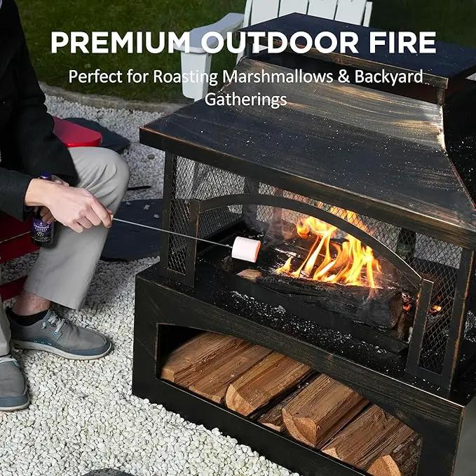 Red Mountain Valley 37in Outdoor Wood Burning Fireplace, Large Outdoor Fire Pit with Log Grate and Poker, Chimney Outside Fireplace with Firewood Racks Storage for Patio, Garden and Backyard by GreenHaven Gardens