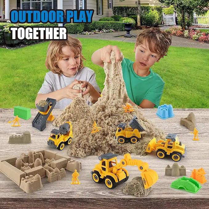 Construction Sandbox with Lid - 4 Vehicles with 1 Conveyor, 8 Castle Molds, 6 Figures & 3lbs Moldable Sand - Preschool Sensory Bin for Fine Motor Skills, Ages 3-6 by GreenHaven Gardens