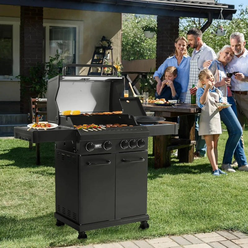 MBY 4-Burner Propane Gas Grill, 50,000 BTU Heavy Duty Outdoor BBQ Grill with Side Burner, Cast Iron Cooking Grates & Griddle for Backyard Barbecue by GreenHaven Gardens