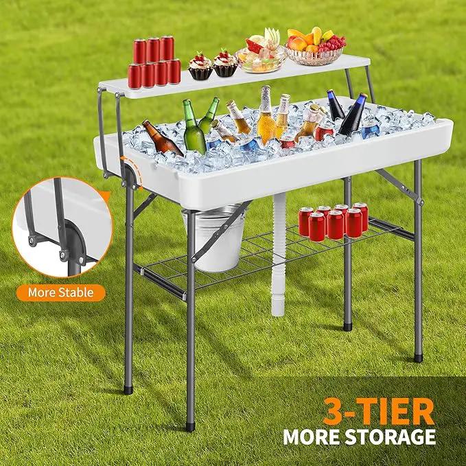 Portable Folding Ice Cooler Table - 2 Tier Outdoor Cooler Table with Removable Matching Skirt and Shelf, Ice Tables for Party, Camping, Picnic, Foldable Self-Serving Beverage Cooling Bar(White) by GreenHaven Gardens
