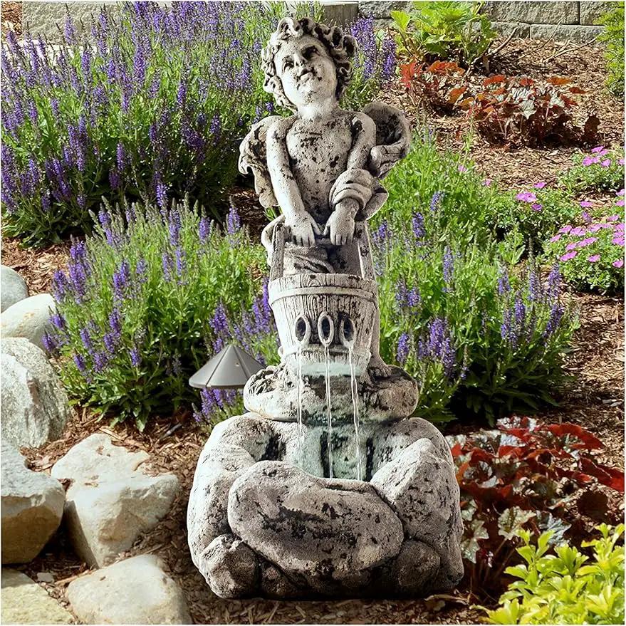 Outdoor Water Fountain With LED Lights, Lighted Cherub Angel Fountain With Antique Stone Design for Decor on Patio, Lawn and Garden By Pure Garden 10.25x15 by GreenHaven Gardens