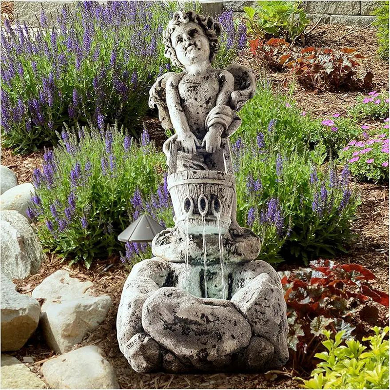 Outdoor Water Fountain With LED Lights, Lighted Cherub Angel Fountain With Antique Stone Design for Decor on Patio, Lawn and Garden By Pure Garden 10.25x15 by GreenHaven Gardens