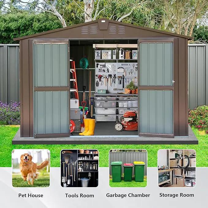 Domi Outdoor 10' x 8' Storage Shed, Metal Steel Utility Tool Shed Storage House with Double Lockable Doors & Air Vents for Backyard Patio Garden Lawn Brown by GreenHaven Gardens