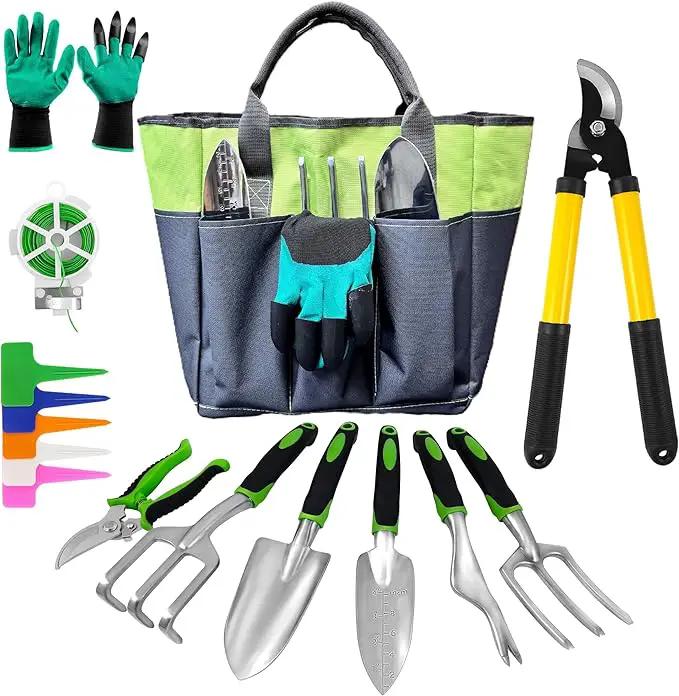 41-Piece Premium Gardening Tool Set, Stainless Steel Heavy Duty Gardening Tool Kit, with Non-Slip Rubber Grip, Storage Tote Bag, Outdoor Hand Tools, Ideal Gardening Gifts for All (Green/Grey) by GreenHaven Gardens