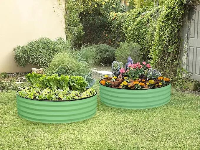 Round Galvanized Raised Garden Bed // 4×4×1 ft (2-Pack) Galvanized Raised Garden Beds Outdoor for Gardening, Vegetables, Flowers // Patented Tool-Free Design Round Planter (Light Green) by GreenHaven Gardens