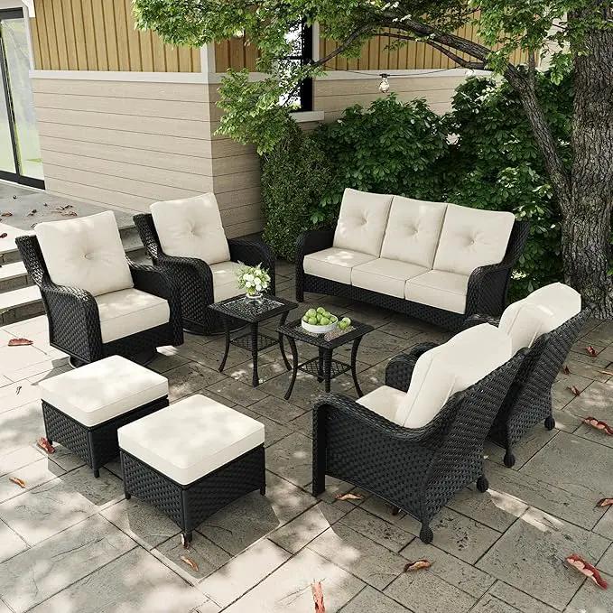 9 Pieces Outdoor Patio Furniture Sets with Rocking Swivel Chairs with 6-inch Thick Cushion and Side Table for Deck Lawn by GreenHaven Gardens