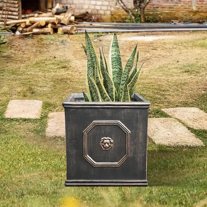 Kante Square Lion Head Concrete Planter, Classic English Style Plant Pot with Drainage Hole and Rubber Plug for Indoor Outdoor Garden Patio Home, 12.6"x12.6"x12.6" Metallic Chestnut by GreenHaven Gardens