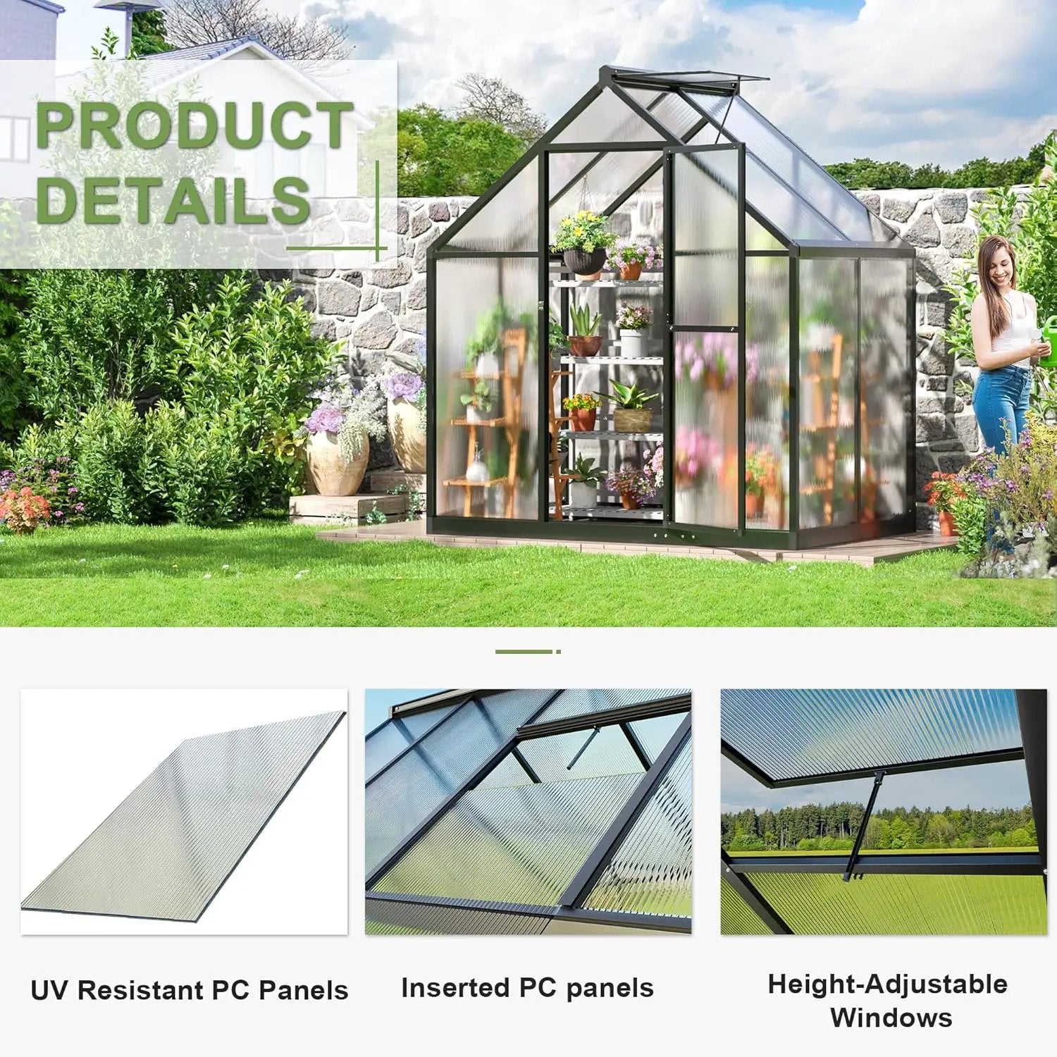 Polar Aurora 4x6 FT Greenhouse, Quick Aluminum Assembly Structure Polycarbonate Greenhouse, Walk-in Greenhouses for Outdoors with Ventilated Windows, Green Houses for Outside Backyard Garden by GreenHaven Gardens