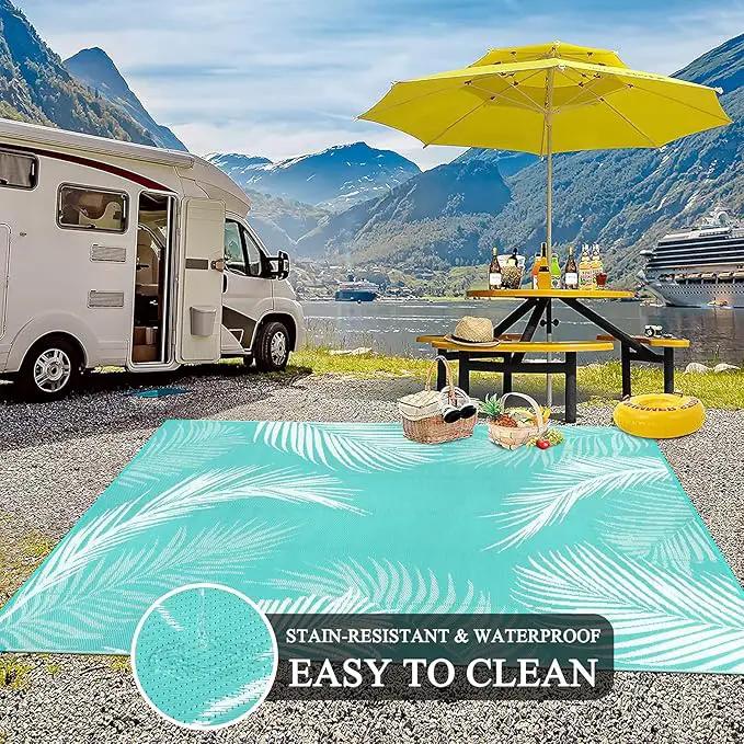 Pauwer Waterproof Outdoor Rug 6x9, Reversible Plastic Straw Patio Camping Rug, Indoor Outdoor RV Mat Carpet for Deck, Camper, Porch, Balcony, Backyard, Picnic, Leaf Light Blue by GreenHaven Gardens
