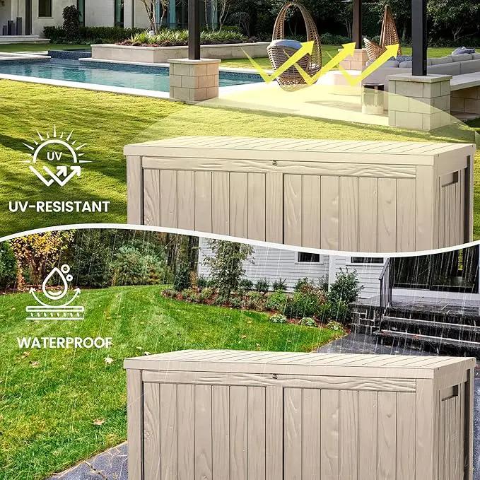 120 Outdoor Storage Box, Waterproof Resin Deck Box for Indoor & Outdoor Use, Lockable Storage Bench with Piston Hinge, Storage Bin for Patio Cushions, Garden Tools, Package Delivery, Grey by GreenHaven Gardens