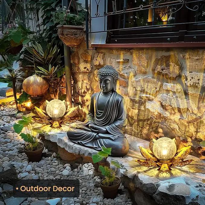 GIGALUMI Solar Lights Outdoor Garden Decor, Adjustable Metal Petal Lotus Flower Lights Crackle Globe Glass Lantern Outdoor Table Decor Waterproof for Patio, Lawn, Pathway, Pond, Christmas Gift by GreenHaven Gardens