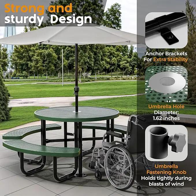 Metal Picnic Tables for Outdoors with Umbrella Hole - Coated Steel Heavy Duty Commercial Grade Table with Adjustable Seats (Green, 46 in, Round, Punched Steel) by GreenHaven Gardens
