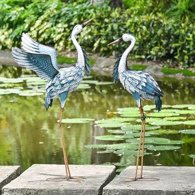 TERESA'S COLLECTIONS Garden Decor Blue Heron Yard Art,22.8-25" Large Metal Cranes Sculptures & Statues Decoy for Outdoor Indoor Decorations, Outside Patio, Pool, Lawn, Set of 2, Spring,Gift for Mom by GreenHaven Gardens
