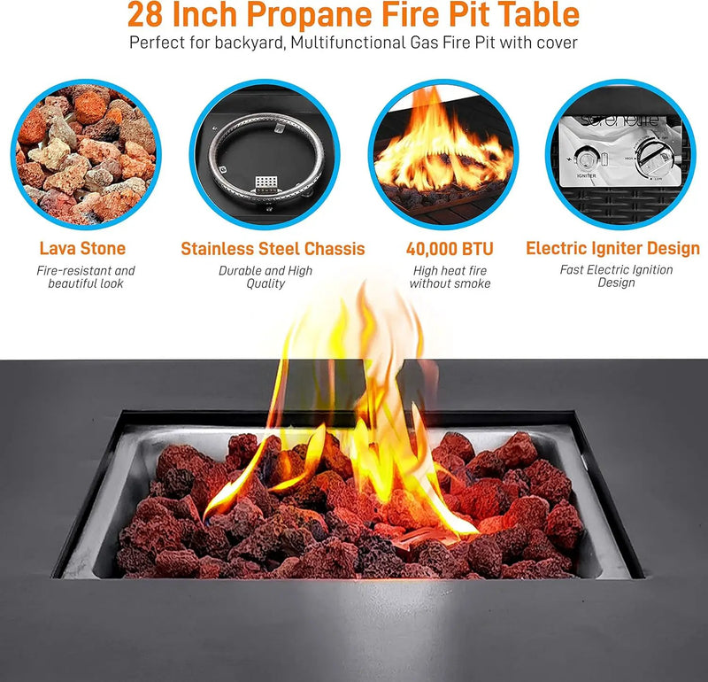SereneLife 28" Propane Gas Fire Pit Table - 40,000 BTU Outdoor Fireplace with Cover, Stainless Steel Burner & Control Panel, Adjustable Flame, Weather Resistant, Easy Assembly, Outdoor Décor by GreenHaven Gardens