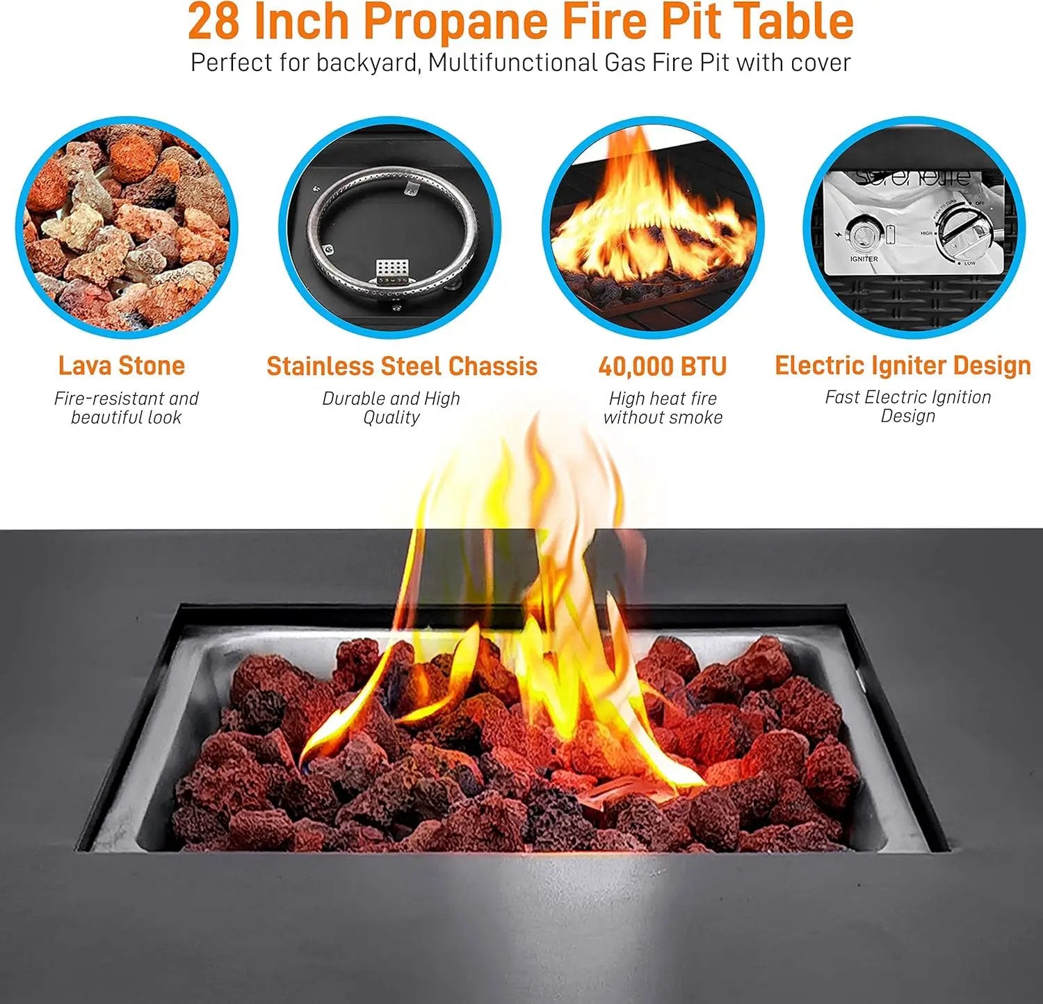 SereneLife Outdoor Propane Fire Pit Table-CSA Approved Safe 40,000 BTU Pulse Ignition Propane Gas Fire Table-28 inches-Steel Tabletop,Steel Panel by GreenHaven Gardens