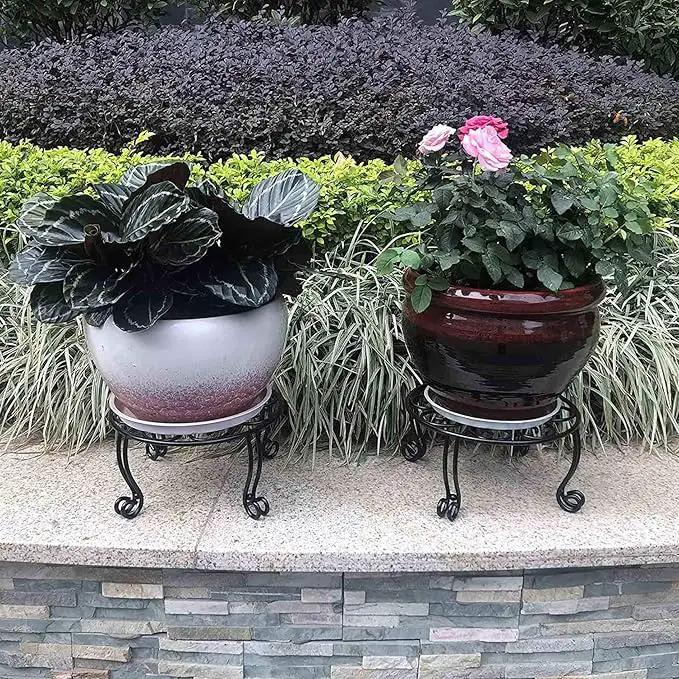 Metal Outdoor Plant Stand 11.8IN Diameter Heavy Duty Plant Pot Stands for Indoor Round Flower Pot Support Rack Set of 2,Black by GreenHaven Gardens