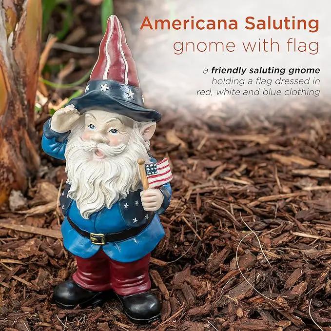 Alpine Corporation 12" Tall Outdoor Patriotic Garden Gnome Saluting Yard Statue Decoration by GreenHaven Gardens