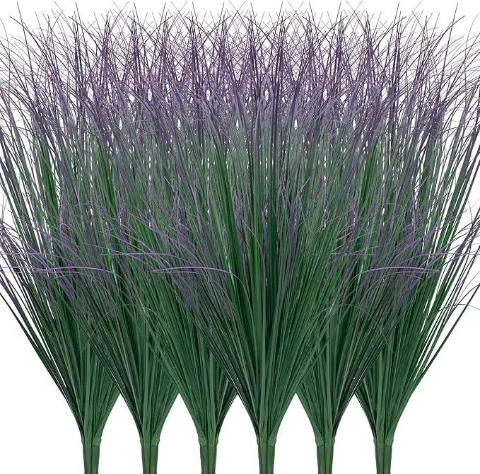 24Pcs Artificial Grass Plants, Faux Shrubs Wheat Grass, Artificial Tall Grass Fake Plants for Outdoor Decor,Artificial Greenery Stems Weed for Room Indoor Home Decor（Green Purple Tail） by GreenHaven Gardens