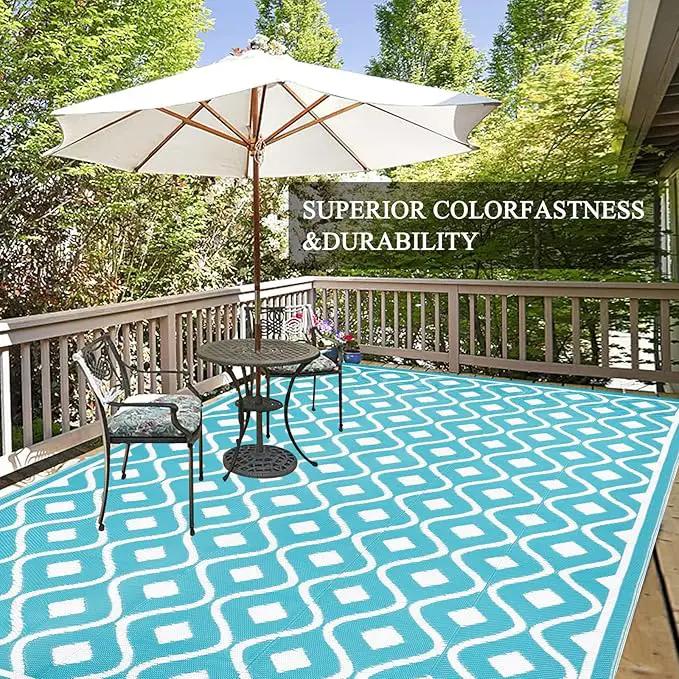Pauwer Waterproof Outdoor Rug 8x10, Reversible Plastic Straw Patio Camping Rug, Indoor Outdoor RV Mat Carpet for Deck, Camper, Porch, Balcony, Backyard, Picnic, Geometric Teal by GreenHaven Gardens