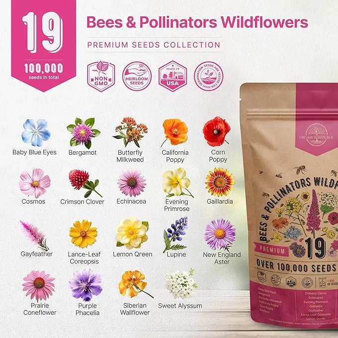 Organo Republic 19 Annual & Perennial Wildflower Seeds Mix for Indoor and Outdoors, Attract Bees & Butterflies. 100,000+ Non-GMO, Heirloom Wildflower Garden Seeds, 4oz Packet for Growing Wild Flowers by GreenHaven Gardens