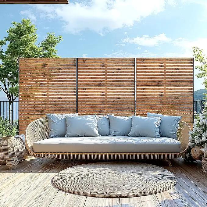Metal Privacy Screen, 72" H×47" W Outdoor Privacy Screen, Freestanding Decorative Privacy Screen for Deck Balcony Patio, Natural Wood Brown by GreenHaven Gardens