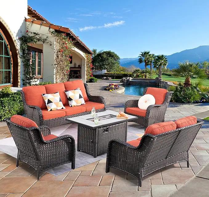 ovios 5 Pieces Patio Furniture Set with 42" Fire Pit Table, Outdoor Wicker Sofa with Loveseat, Comfy Cushions, High Back Couch Conversation Set, Brown Rattan, Orange Red by GreenHaven Gardens