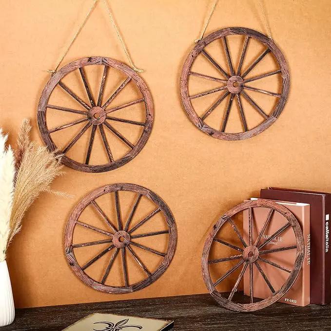 Qunclay 4 Pcs Wooden Wagon Wheel Wall Decor Old Western Wood Boho Wall Art Farmhouse Boho Wagon Wheels Rustic Yard Decor Wood Hanging Decorations for Garden Home Bar Garage (10 Inch) by GreenHaven Gardens